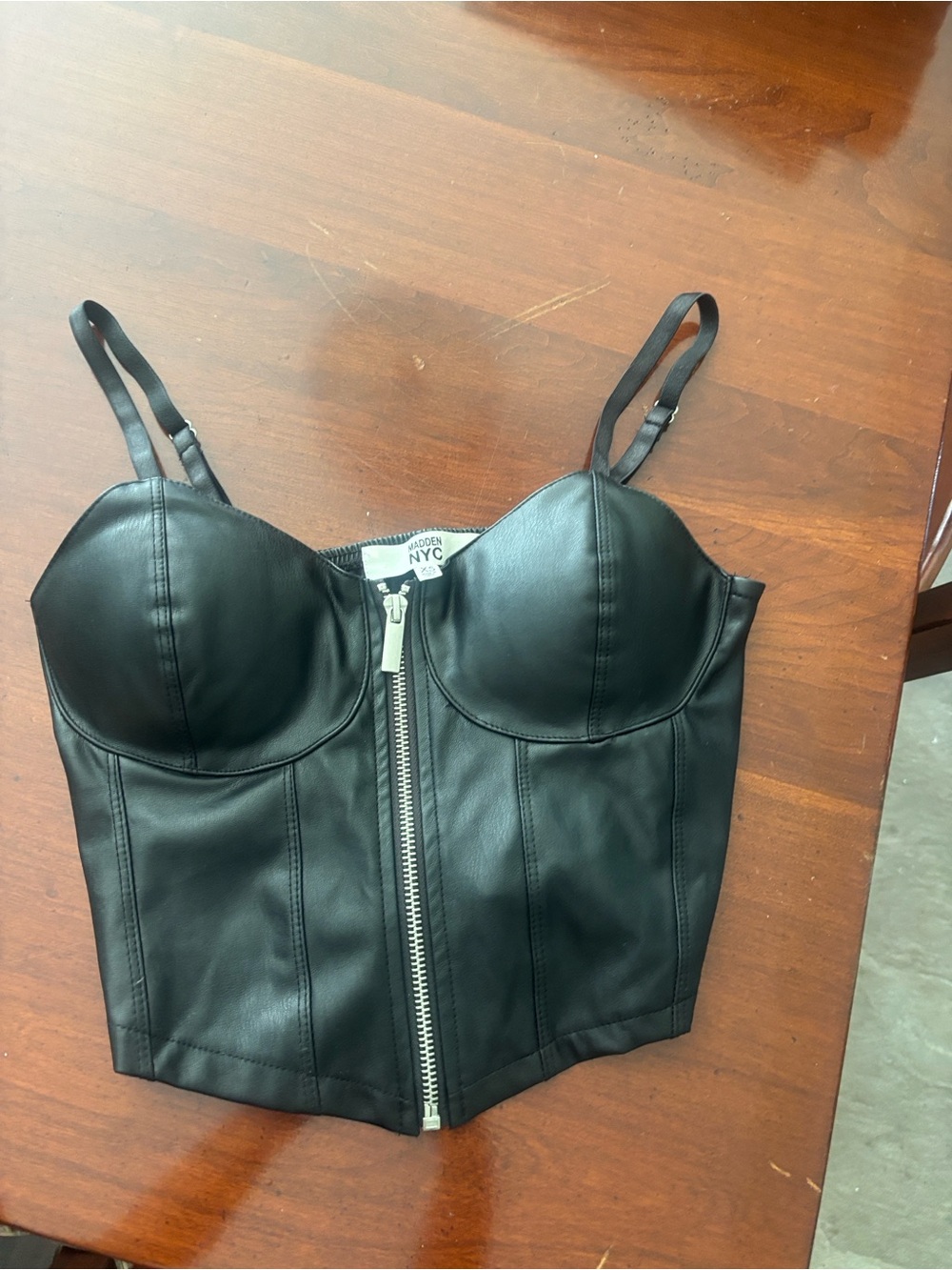 Black Faux Leather Bustier with Front Zip Closure